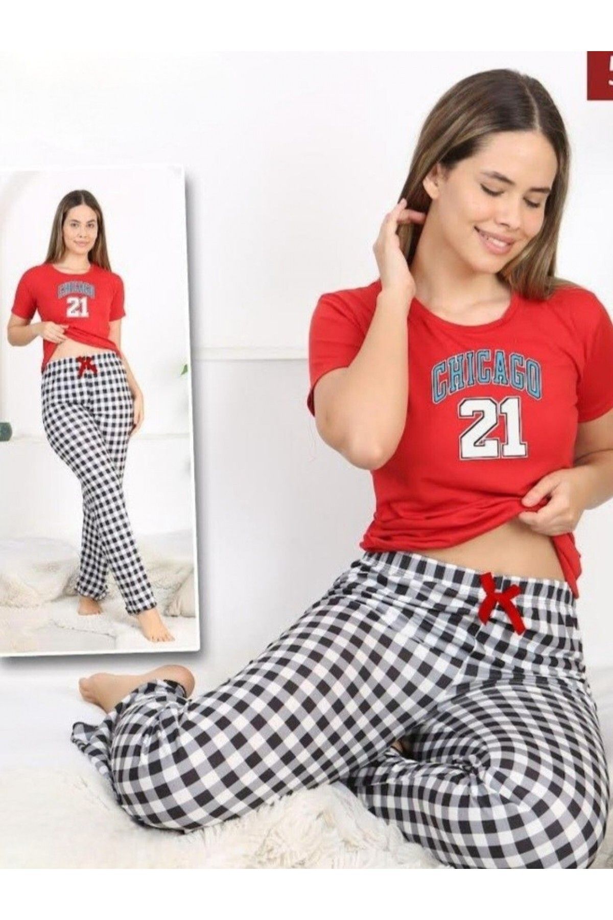 Modamorfo Altı Ekoseli Kısa Kollu Pijama Takımı -Kırmızı