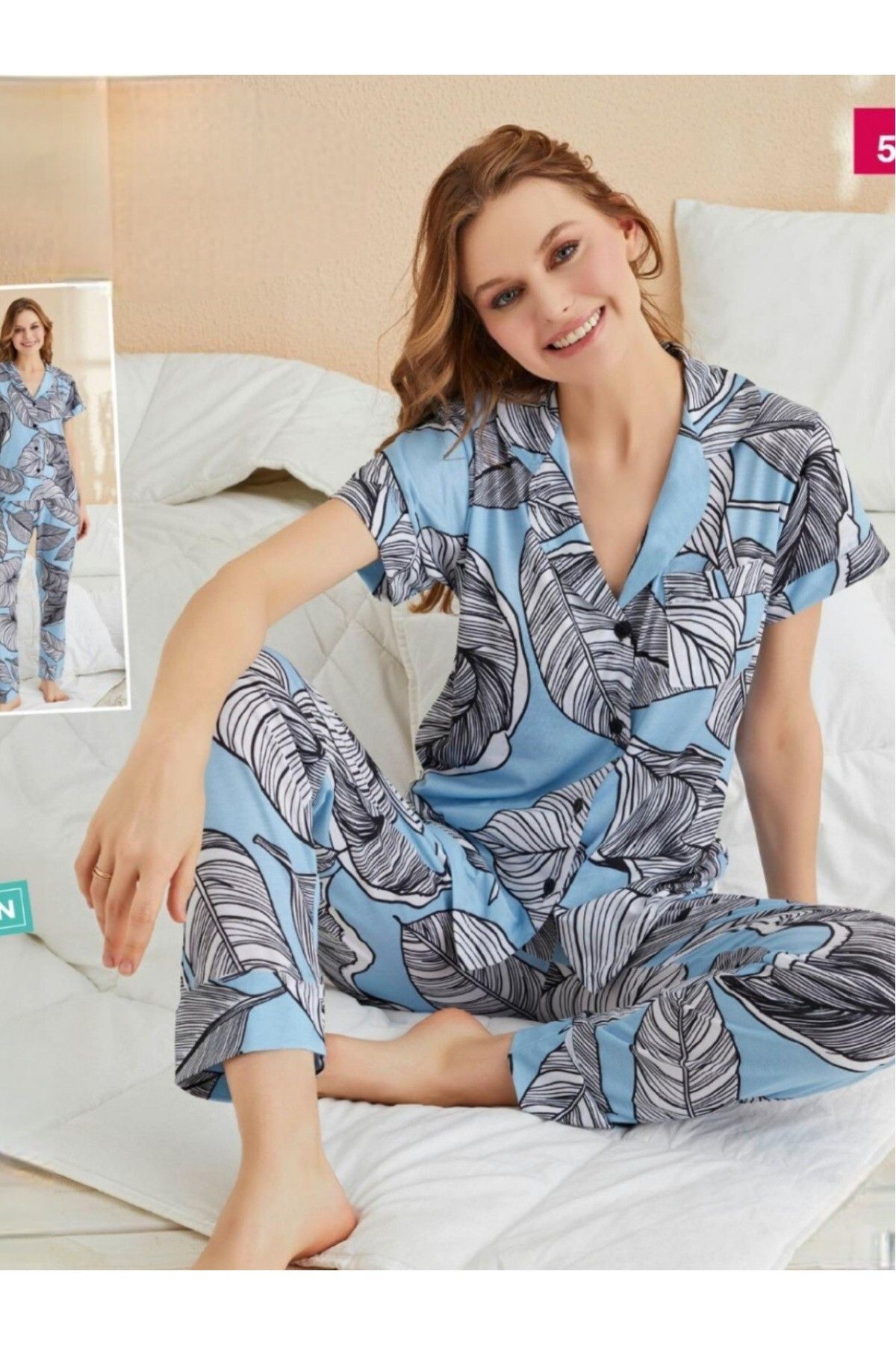 Modamorfo Büyük Yaprak Desenli Düğmeli Viskon Pijama Takımı -Bebe Mavi