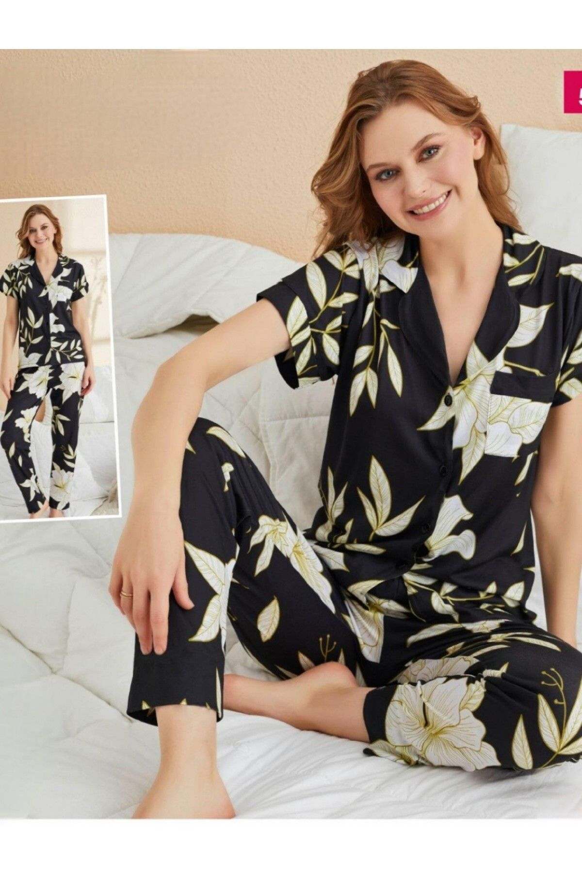 Modamorfo Büyük Çiçek Desenli Düğmeli Viscon Pijama Takımı -Yağ Yeşili