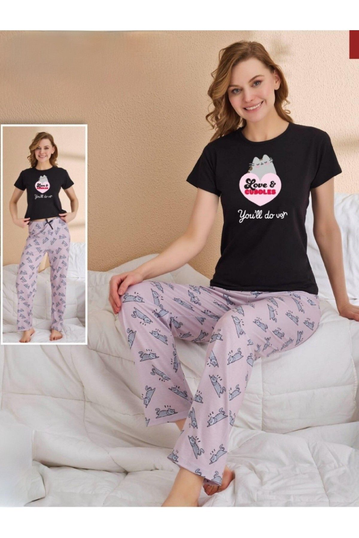 Modamorfo Kedi Desenli Kısa Kollu Pijama Takımı -Lila