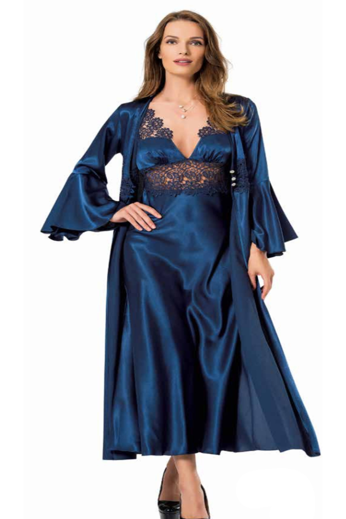 Genel Markalar İç Giyim MOONGİRL Saten Uzun İkili Gecelik Takım