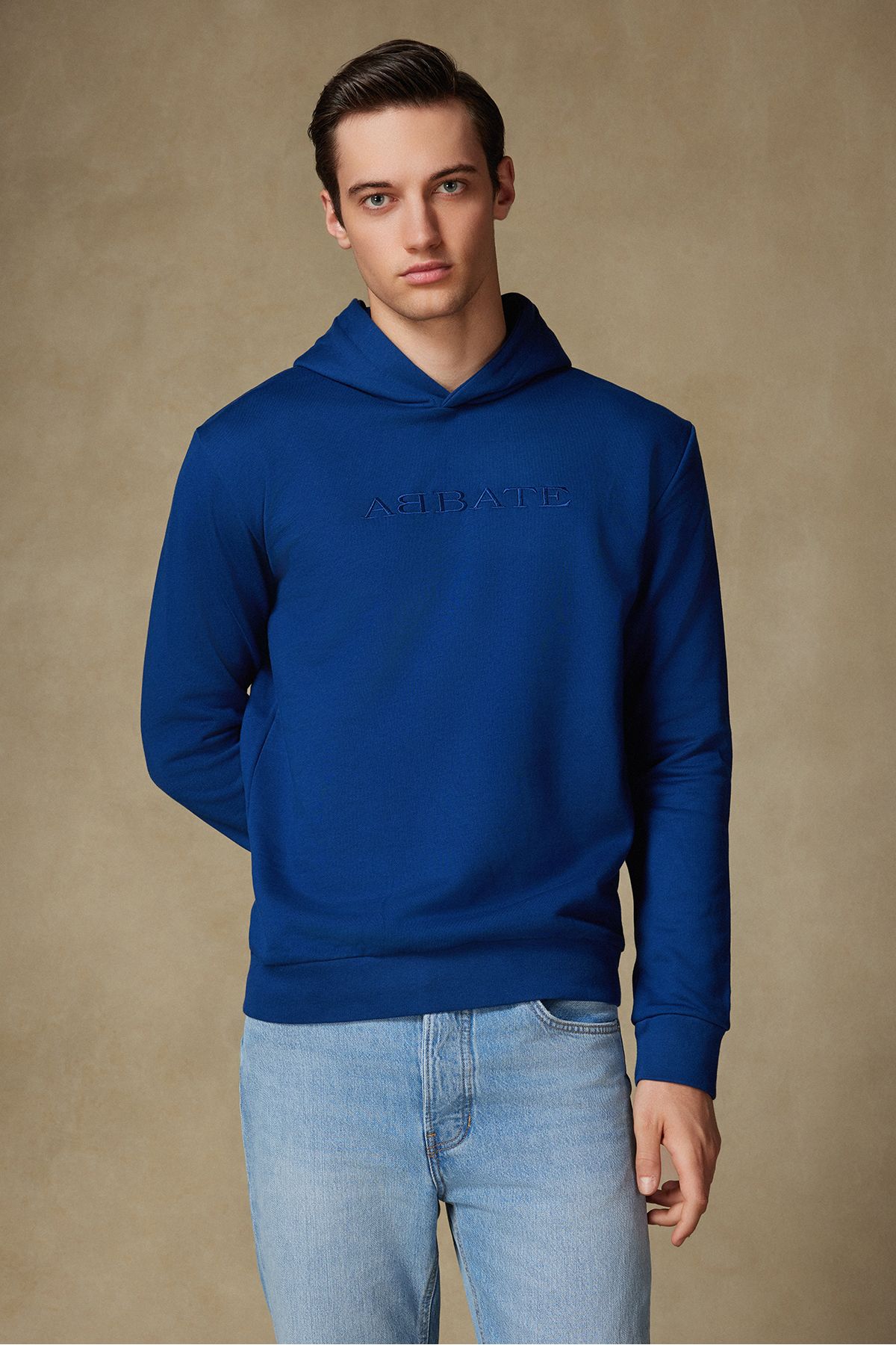 Abbate Özel Tasarım Nakış Detaylı Pamuklu Rahat Kesim Saks Mavi Kapüşonlu Oversize Sweatshirt Hoodie