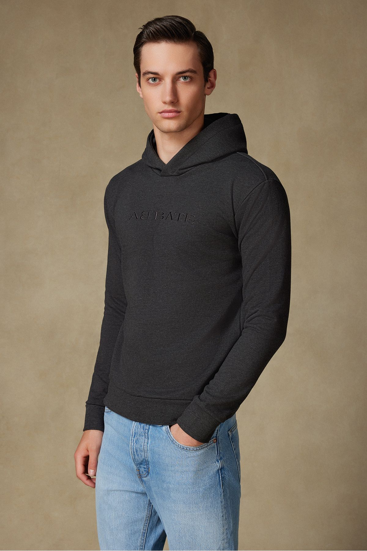 Abbate Özel Tasarım Nakış Detaylı Pamuklu Rahat Kesim Antrasit Kapüşonlu Oversize Sweatshirt Hoodie