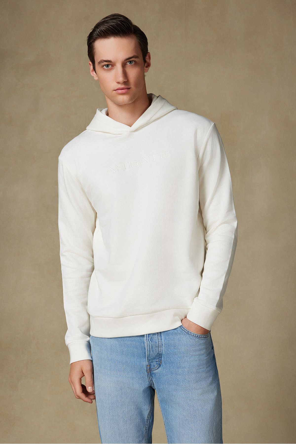 Abbate Özel Tasarım Nakış Detaylı Pamuklu Rahat Kesim Beyaz Kapüşonlu Oversize Sweatshirt Hoodie
