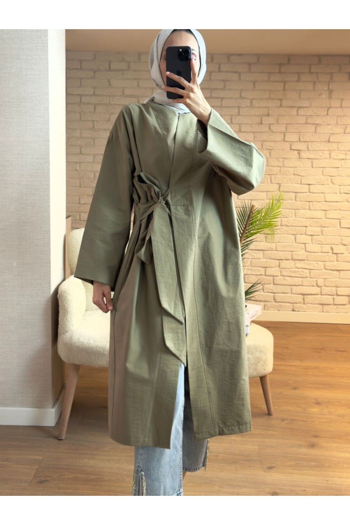 Modamorfo Yan Bağcıklı Cepli Uzun Kimono -Kamuflaj