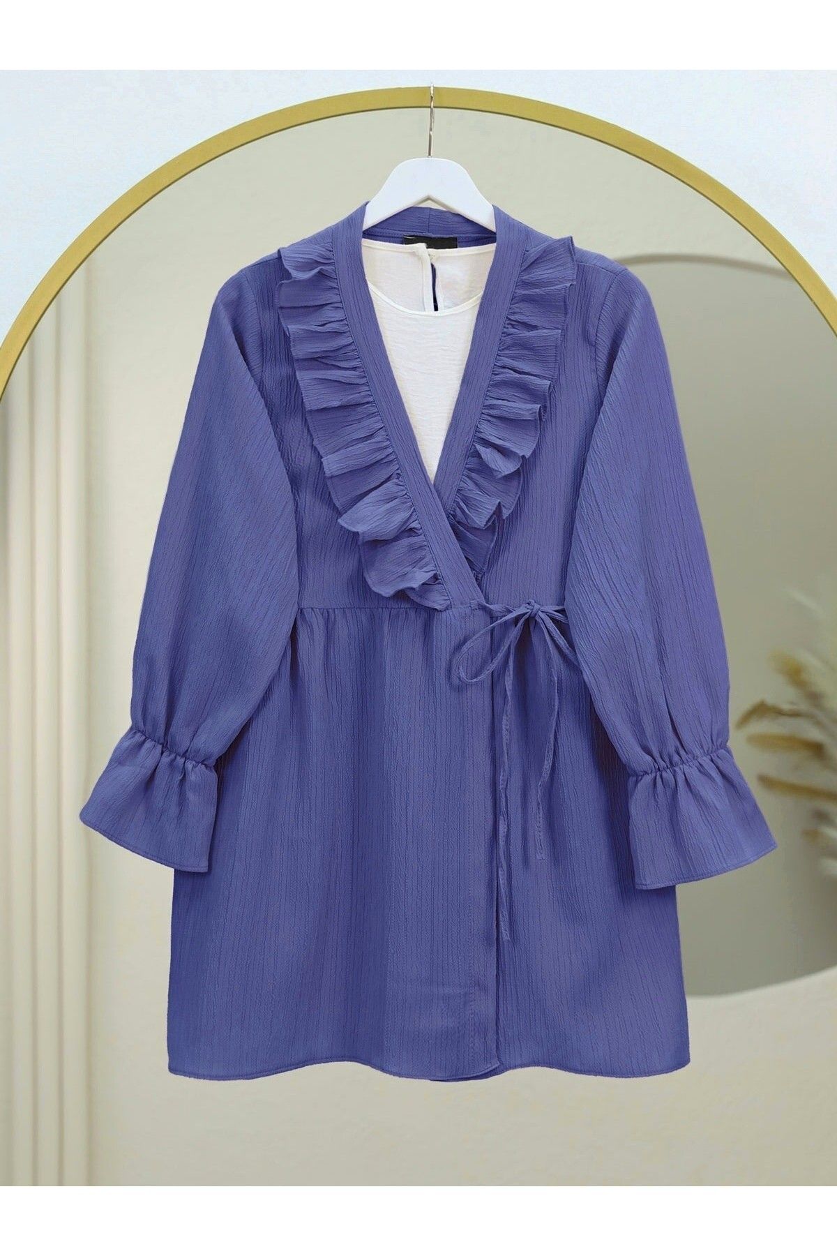 Modamorfo Önü Fırfırlı Bağlamalı Krinkıl Kimono -Mavi