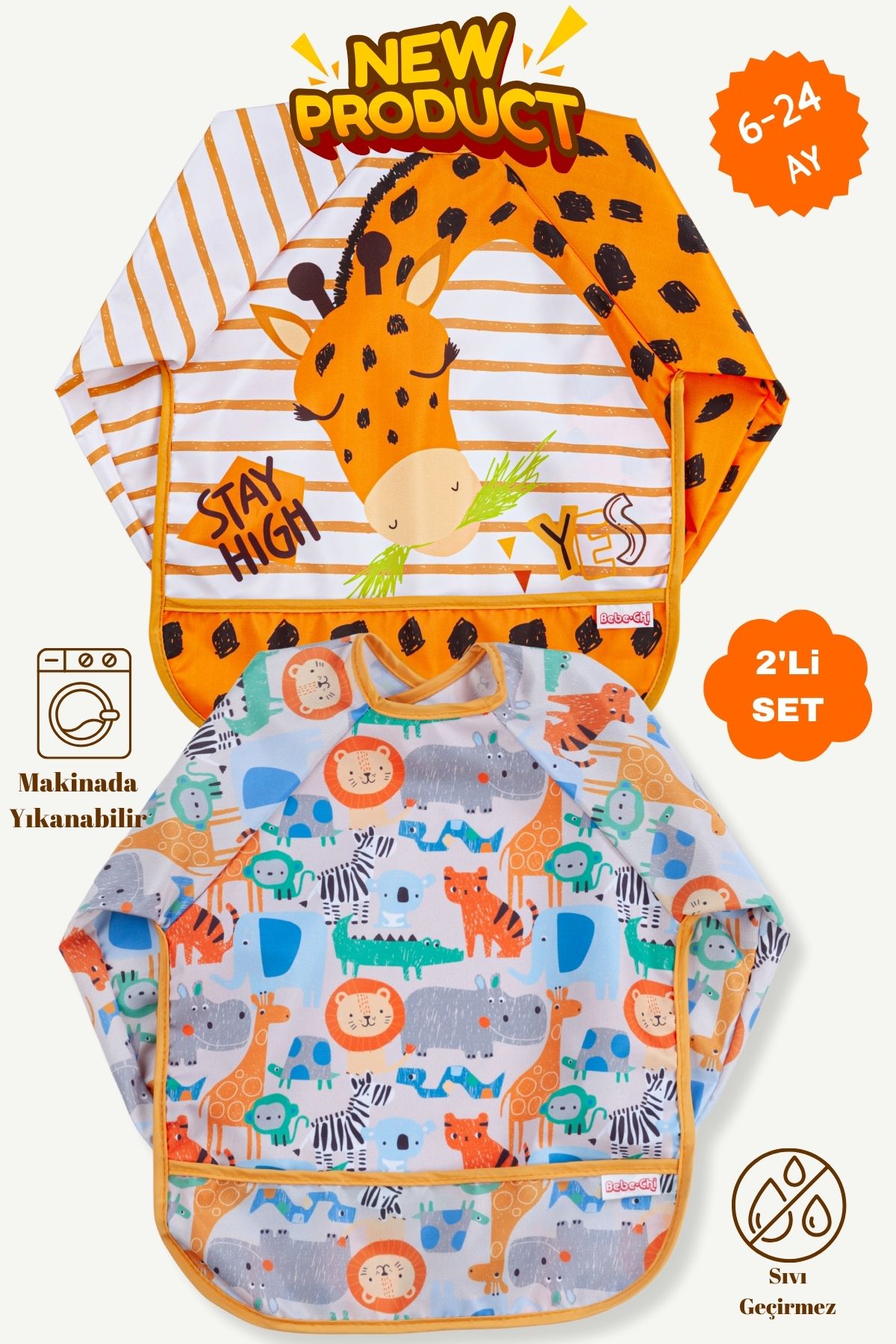 Bebechi Uzun Kollu Giyilebilir Zürafa-Sevimli Hayvanlar Desen Sıvı Geçirmez Aktivite ve Mama Önlüğü 6-24 AY