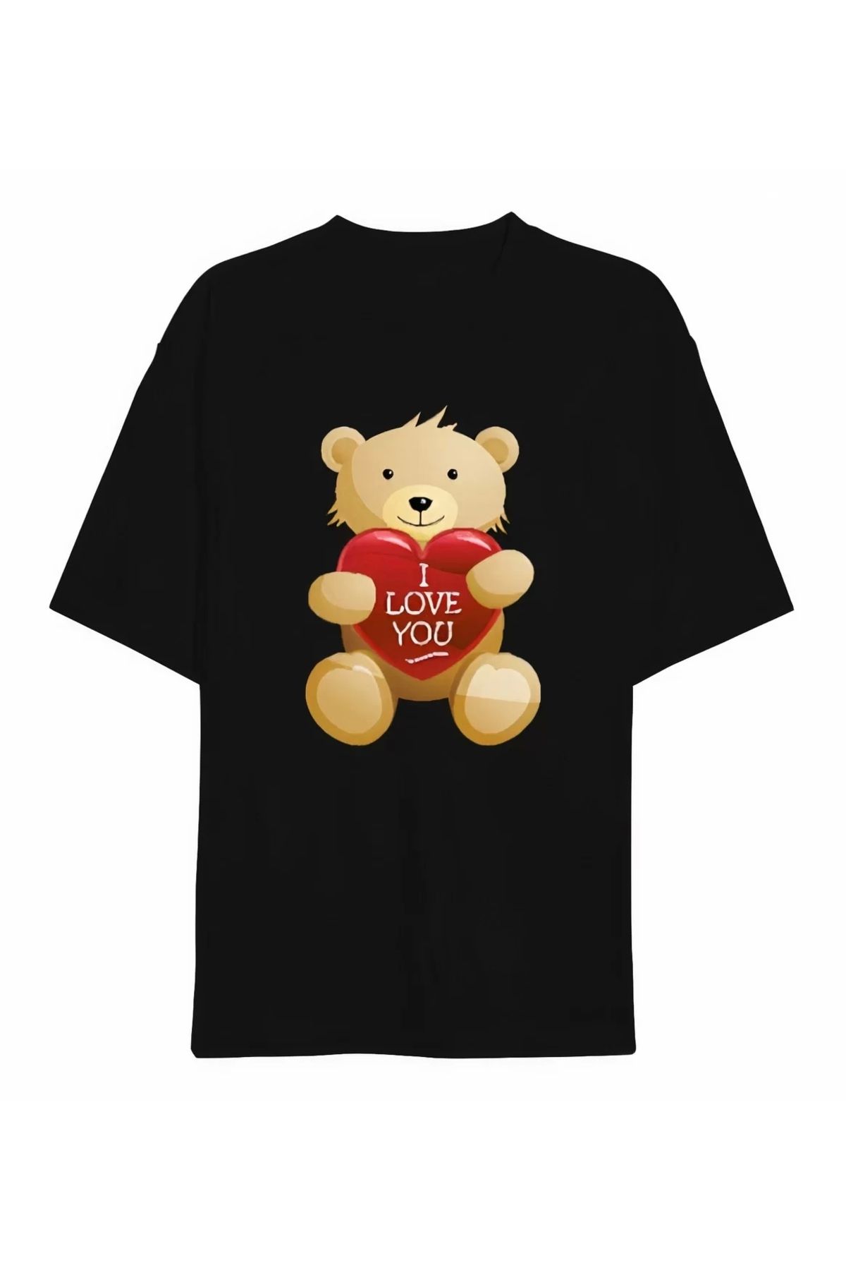 luz&pos Sevgililer Günü İçin Özel Tasarım I Love You Ayı Baskılı T-shirt - Siyah