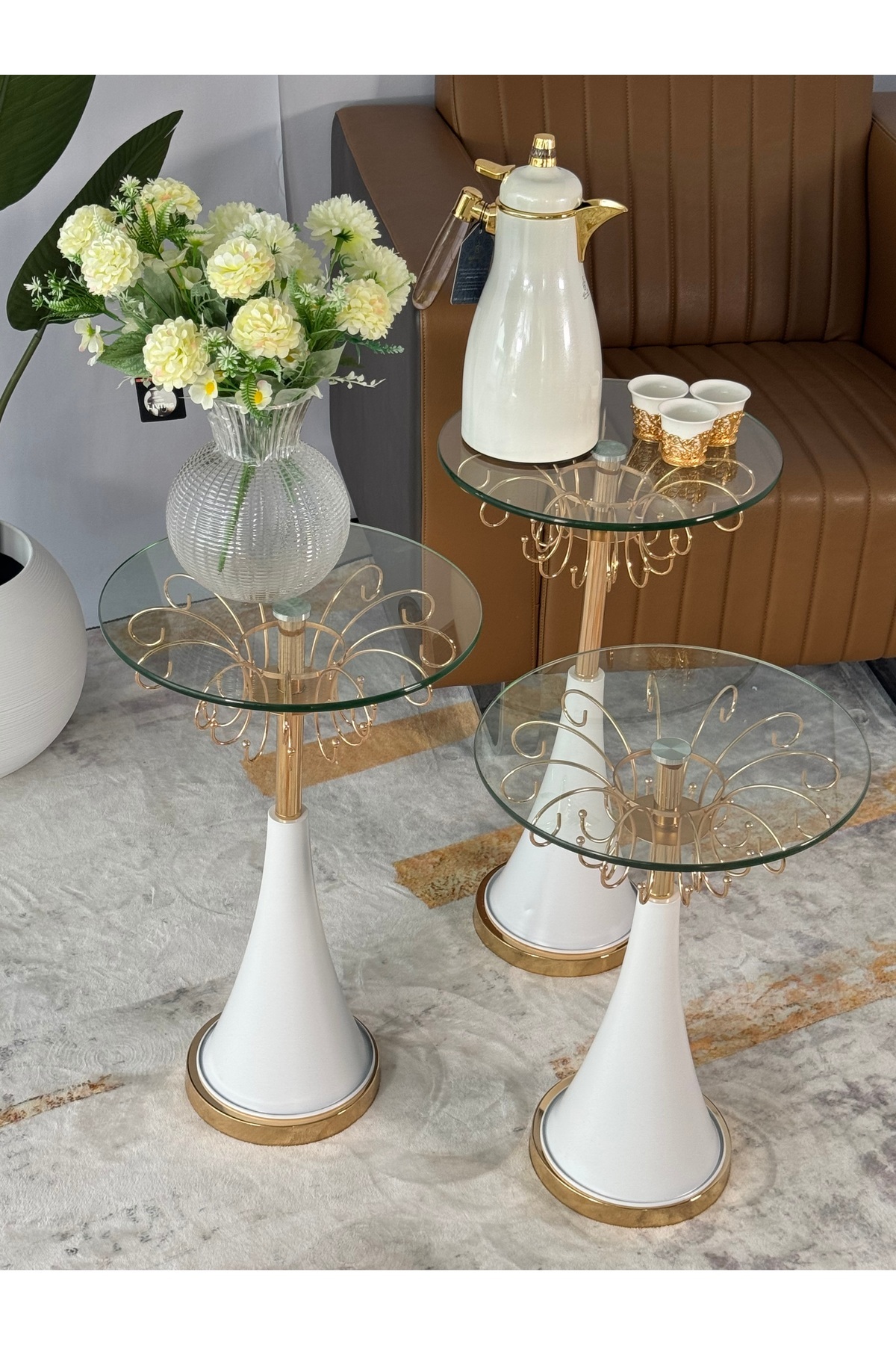 Living-A Set Of 3-piece Glass Service Tables With A White Steel Base 2