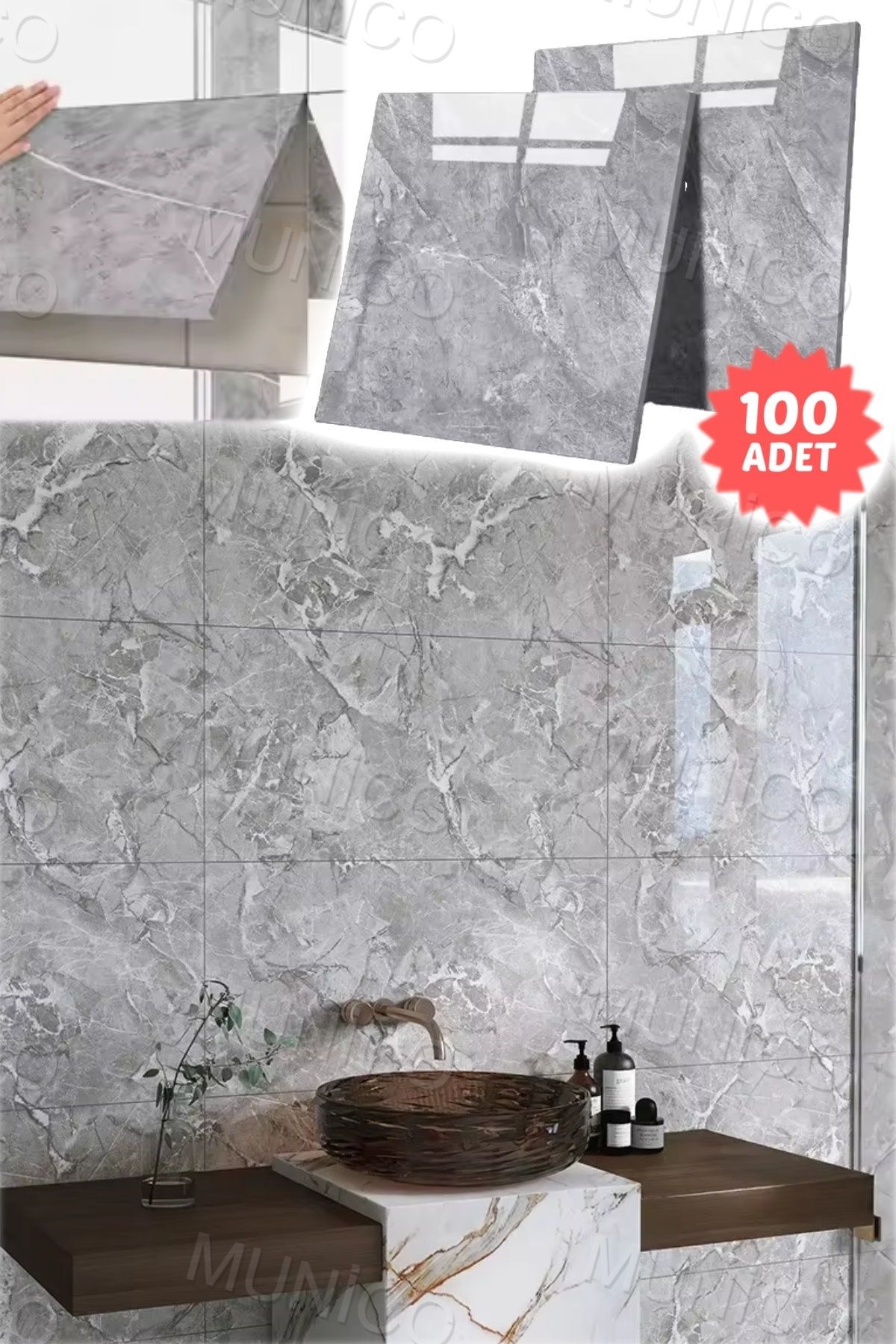 Munico 100 Adet Su Geçirmez Gri Duvar Stickerı 3D Duvar Dekor Duvar Kağıdı Banyo Mermer 60x30cm Yapışanlı