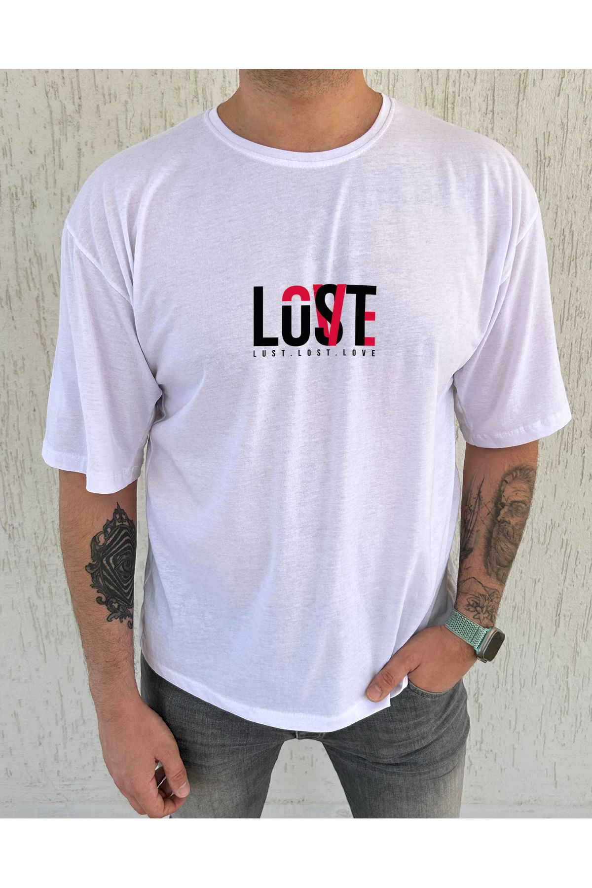 ClubSpaceAstro Lust Lost Love Baskılı %100 Pamuk Oversize Erkek Tişört – Anlamlı Tasarım, Rahat Kalıp