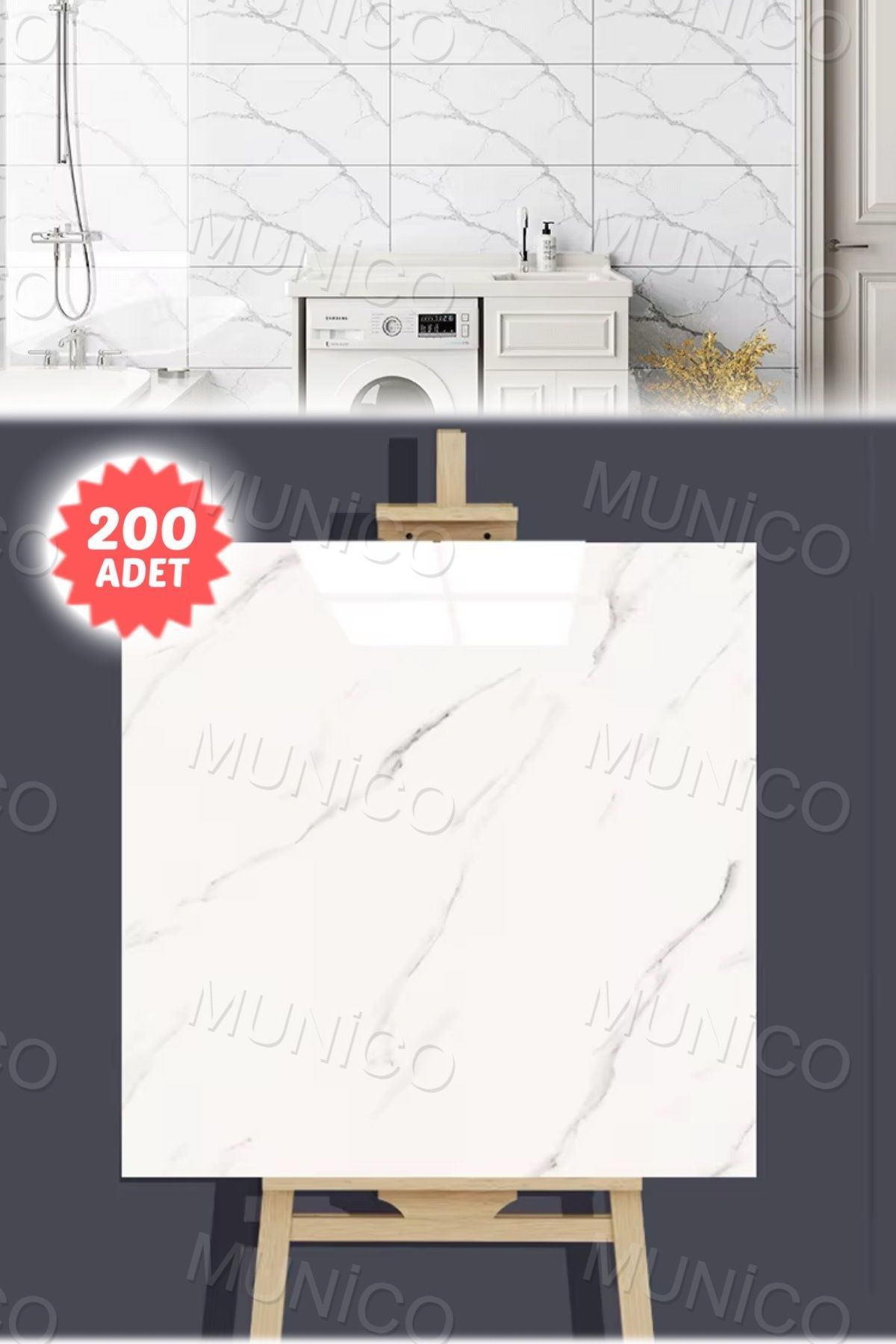 Munico 30 x 30 Cm Kolay Montajlı 200 Adet Beyaz Banyo Su Nem Geçirmez Duvar Kağıdı Yenileme Fayans Plastik