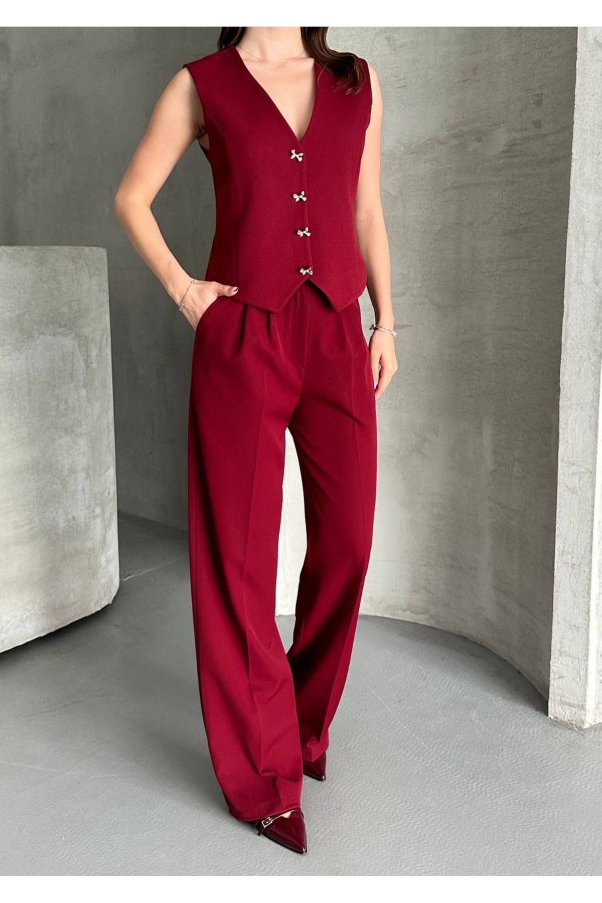 Ekim Store Kurdele Düğmeli Yelekli İkili Blazer Takım
