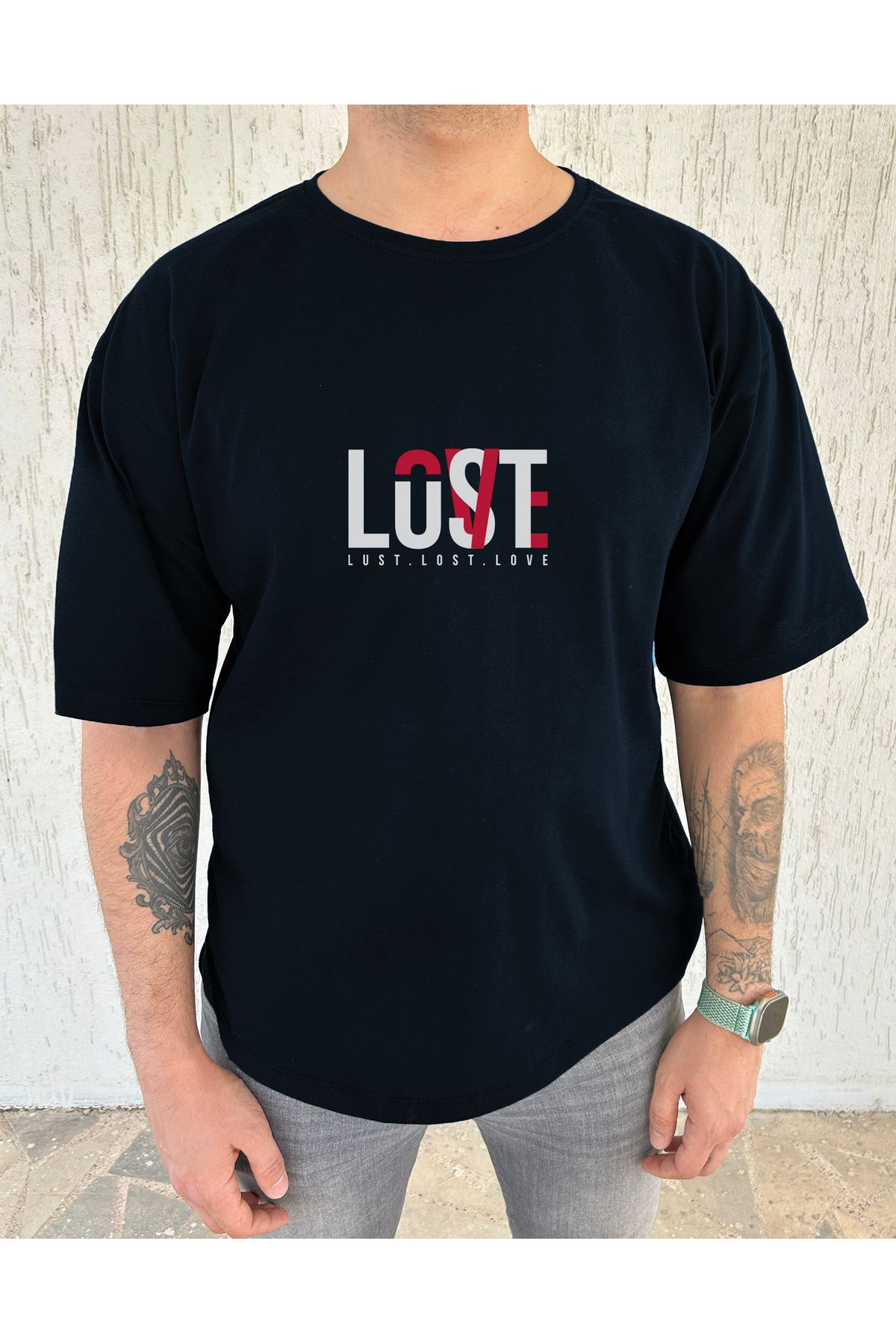 ClubSpaceAstro Lust Lost Love Baskılı %100 Pamuk Oversize Erkek Tişört – Anlamlı Tasarım, Rahat Kalıp