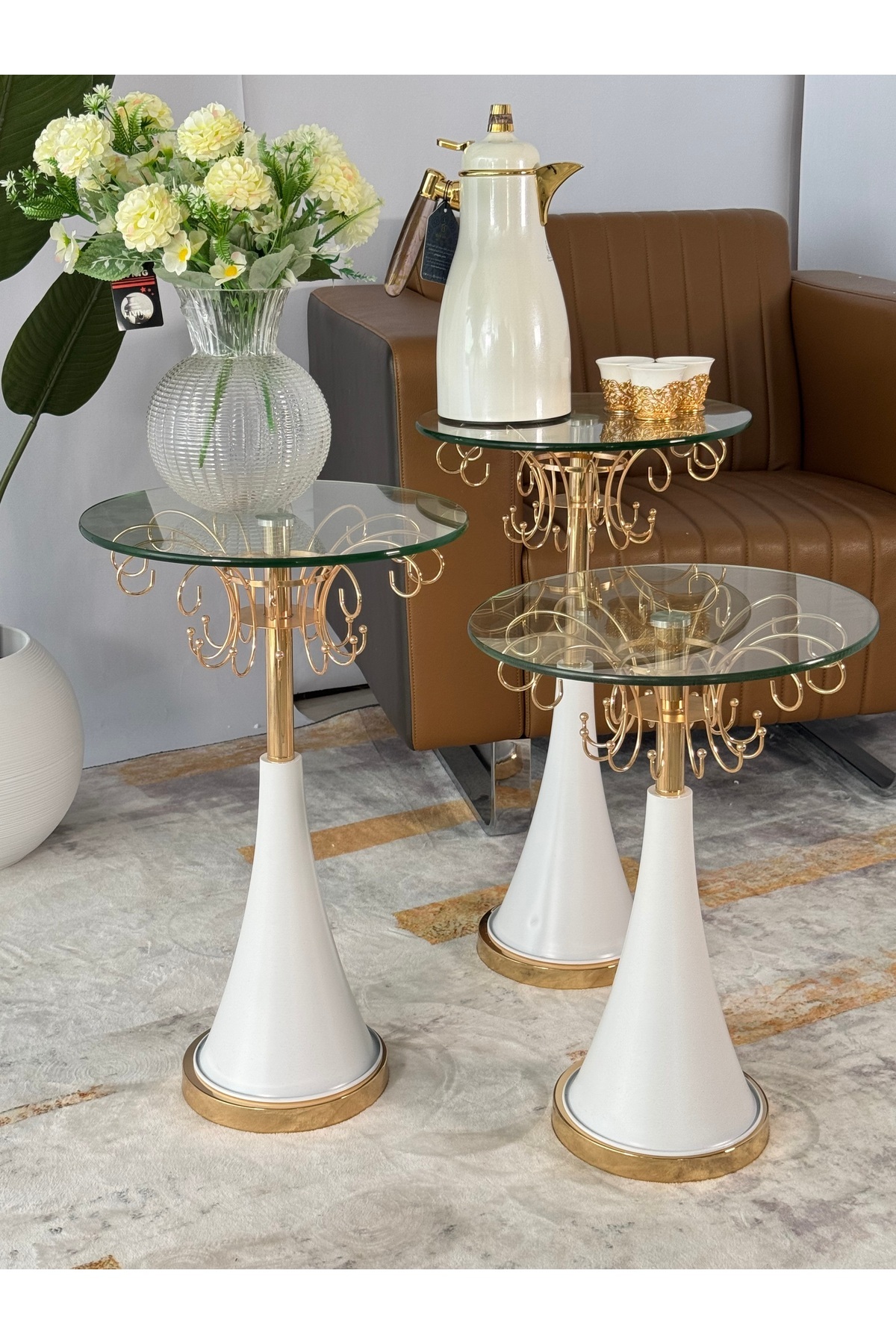 Living-A Set Of 3-piece Glass Service Tables With A White Steel Base 3