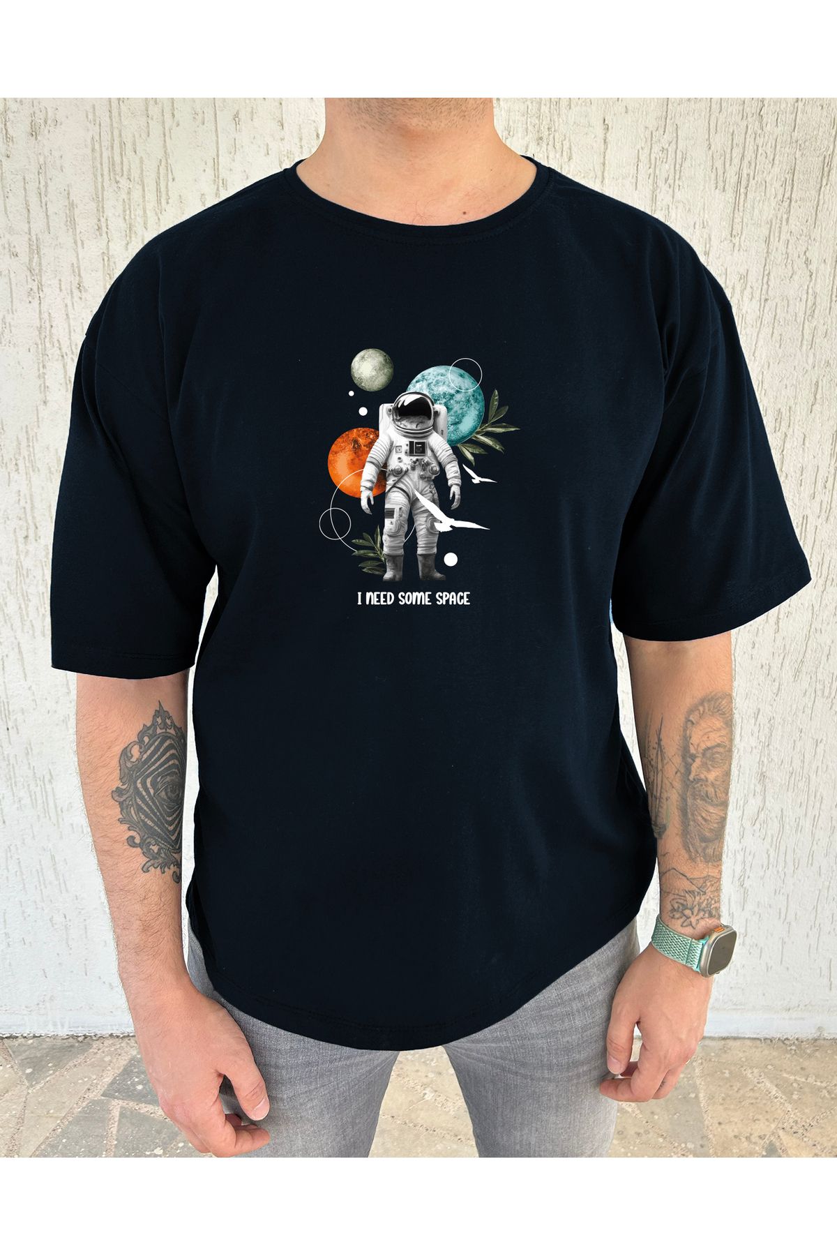 ClubSpaceAstro I Need Some Space Baskılı %100 Pamuk Oversize Erkek Tişört – Modern Tasarım, Salaş Kalıp