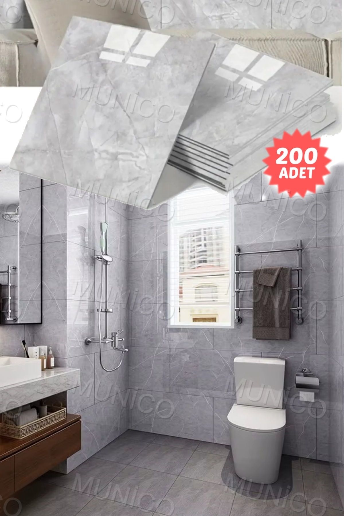 Munico 200 Adet 30x30cm Gri Modern Su Geçirmez Duvar Çıkartmaları Kendinden Yapışkan Fayans Etiket Zemin