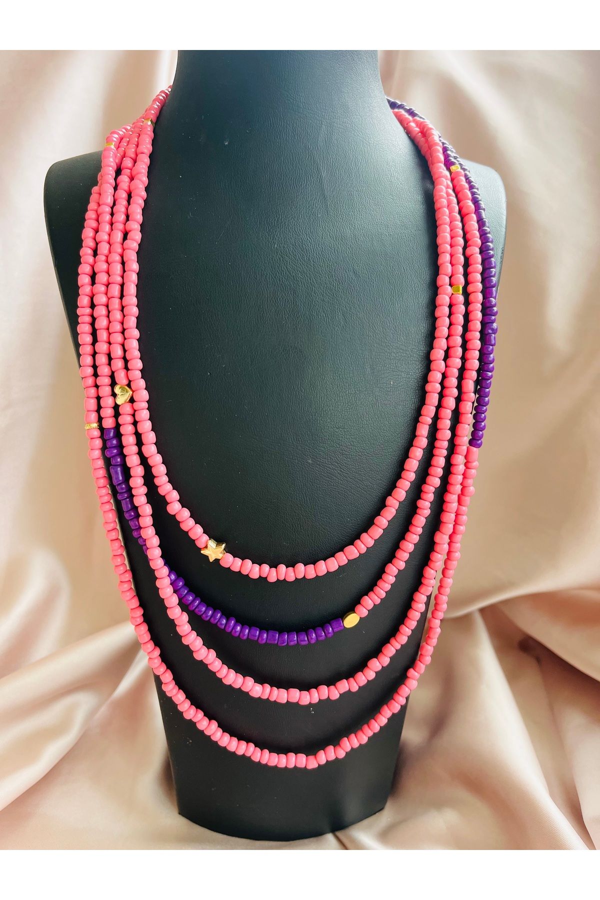 COCOSH TAKI Pembe mor boncuklu gold yıldız ve kalp charmlı çoklu uzun dolamalı tasarım kolye