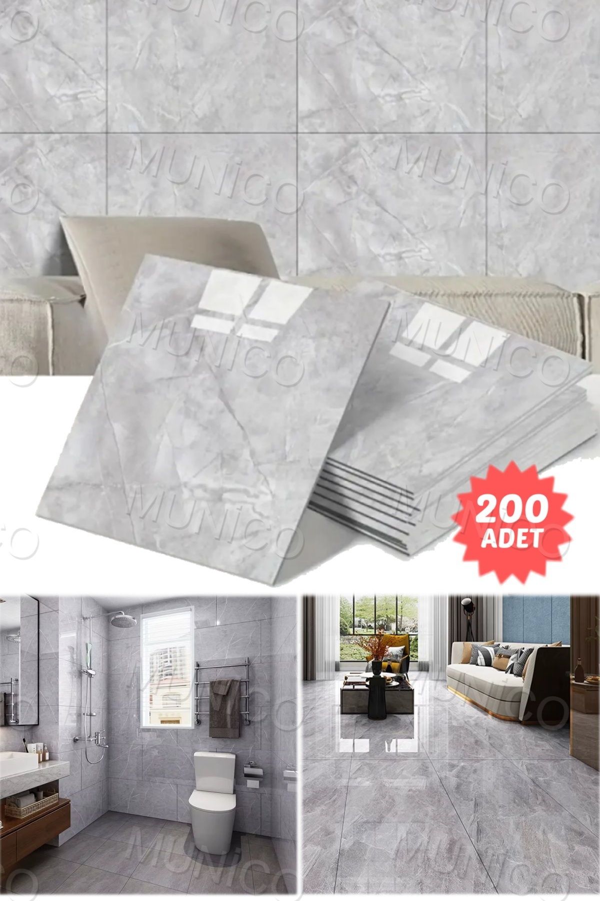 Munico 200PC 30x30 Cm Kendinden Yapışkanlı Gri 3D Şık Fayans Duvar Yapıştırma Duvar Kağıdı Dekorasyon