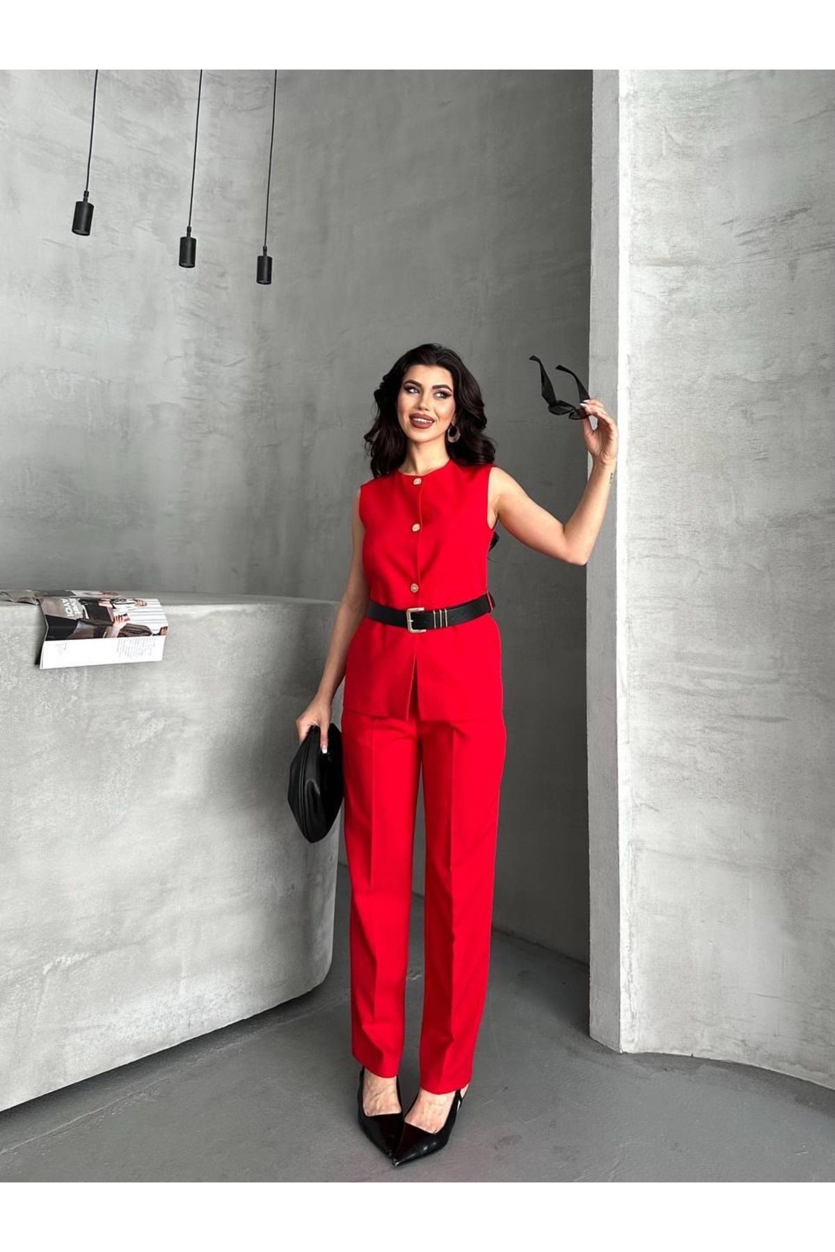 Ekim Store Kemerli Bağlamalı Ikili Blazer Yelekli Pantolon Takım
