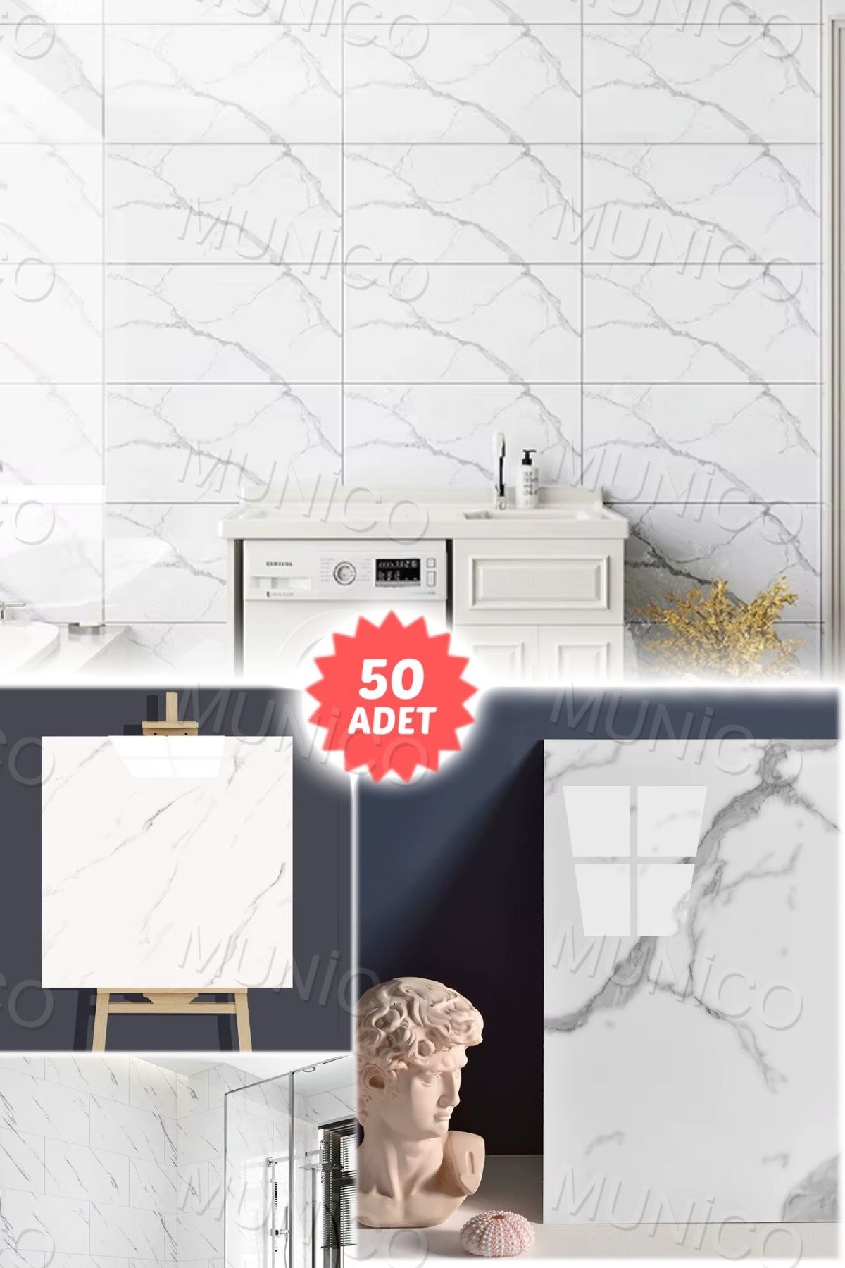 Munico 50 Adet 30x30cm Beyaz Modern Su Geçirmez Duvar Çıkartmaları Kendinden Yapışkan Fayans Etiket Zemin