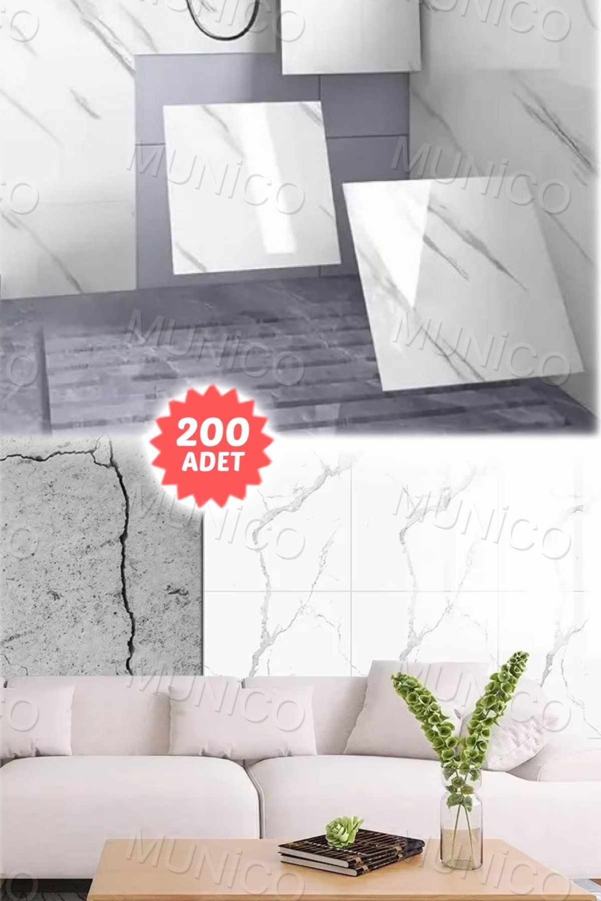 Munico 200PC 30x30 Cm Kendinden Yapışkanlı Beyaz 3D Şık Fayans Duvar Yapıştırma Duvar Kağıdı Dekorasyon