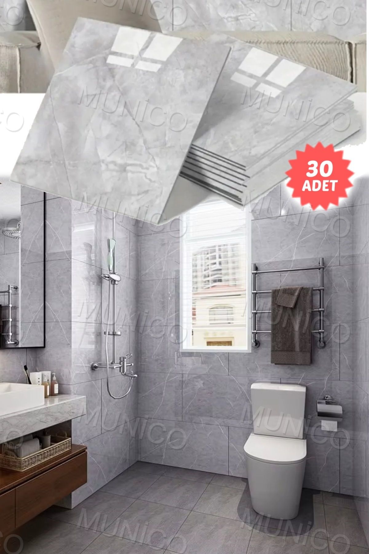 Munico 30 Adet 30x30cm Gri Modern Su Geçirmez Duvar Çıkartmaları Kendinden Yapışkan Fayans Etiket Zemin