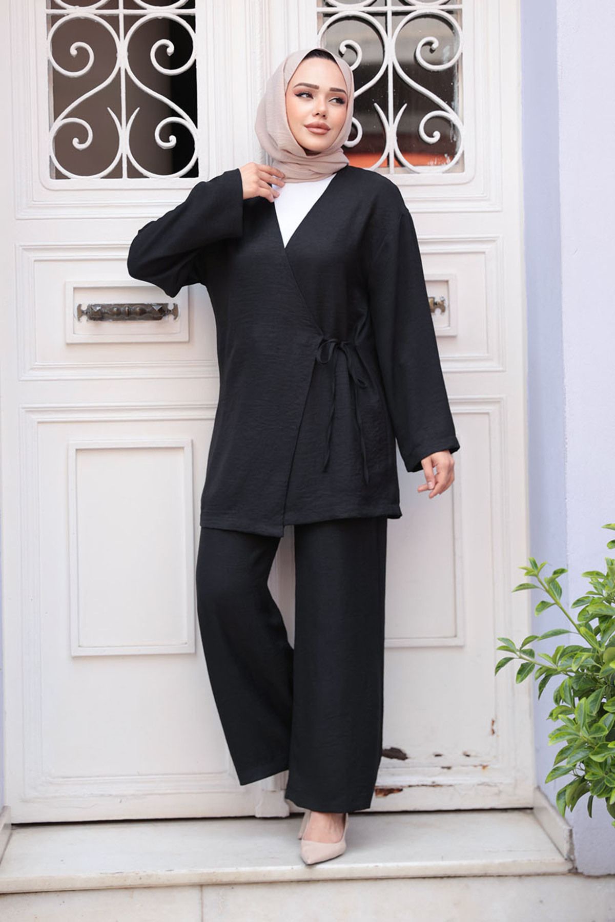 N.S NEVA STYLE Yandan Bağlama Detaylı Siyah Tesettür İkili Takım 50183S