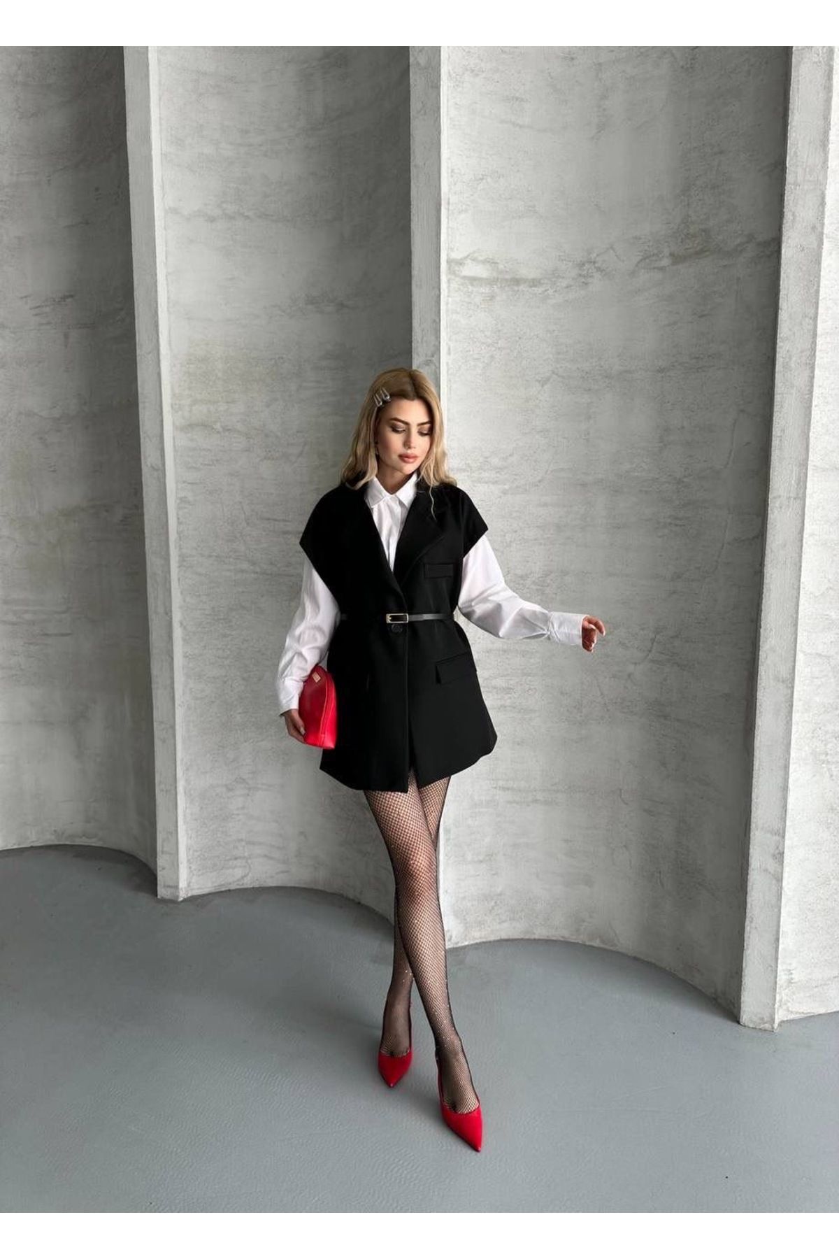 Ekim Store Kemerli Oversize Blazer Yelek Ceket