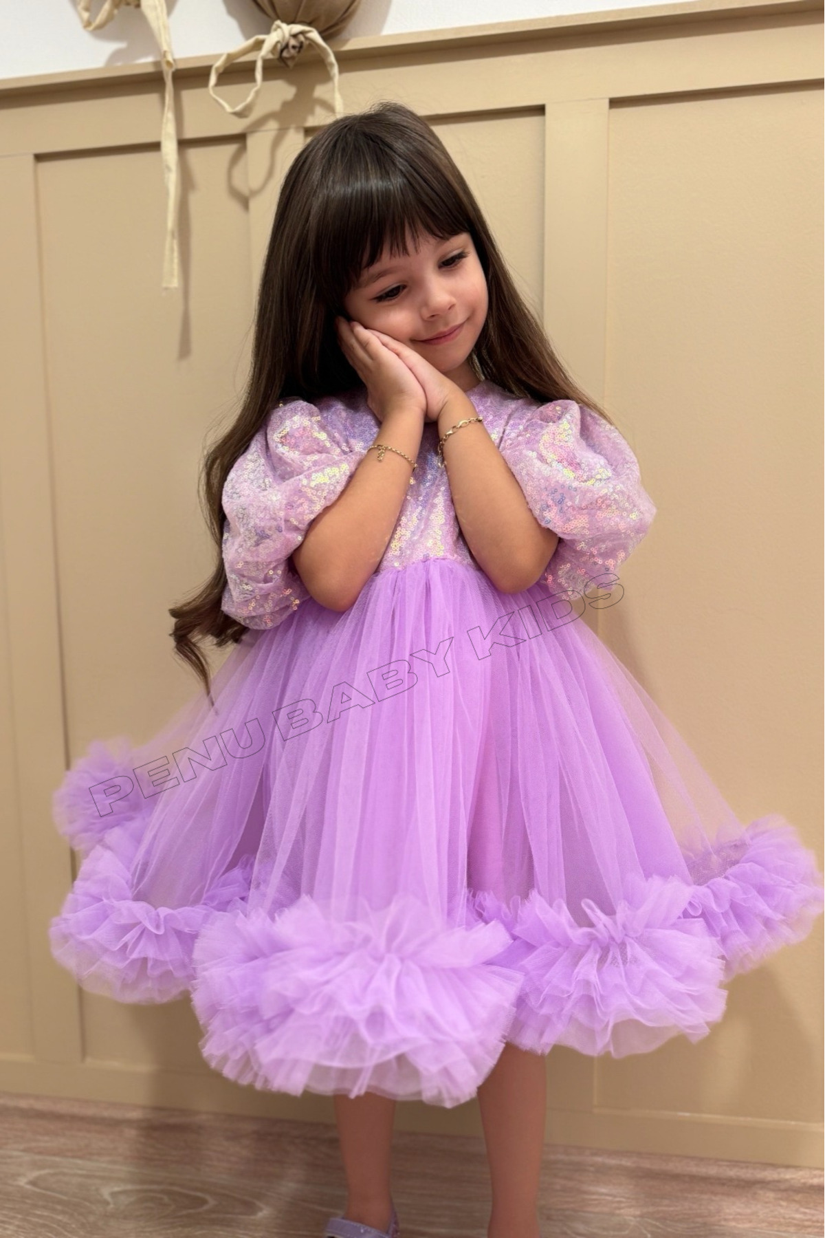 penu baby kids Lila Payet Detaylı Etek Ucu Fırfırlı Kız Çocuk Kız Bebek Abiye Elbise fotoğrafı 5 (önizleme)