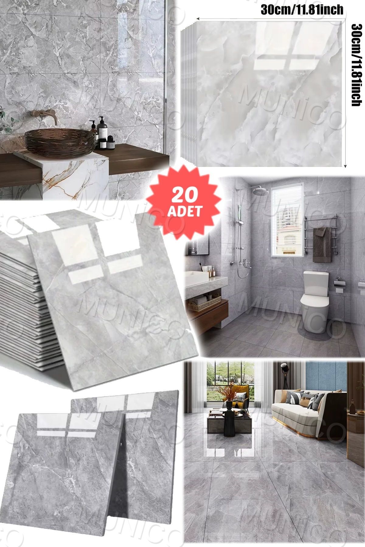 Munico 20 Adet 30 Cm Gri Banyo Mutfak Yer Döşeme 30x30 Fayans Gerçekçi Mermer Kaplaması Kaliteli Şık Pro