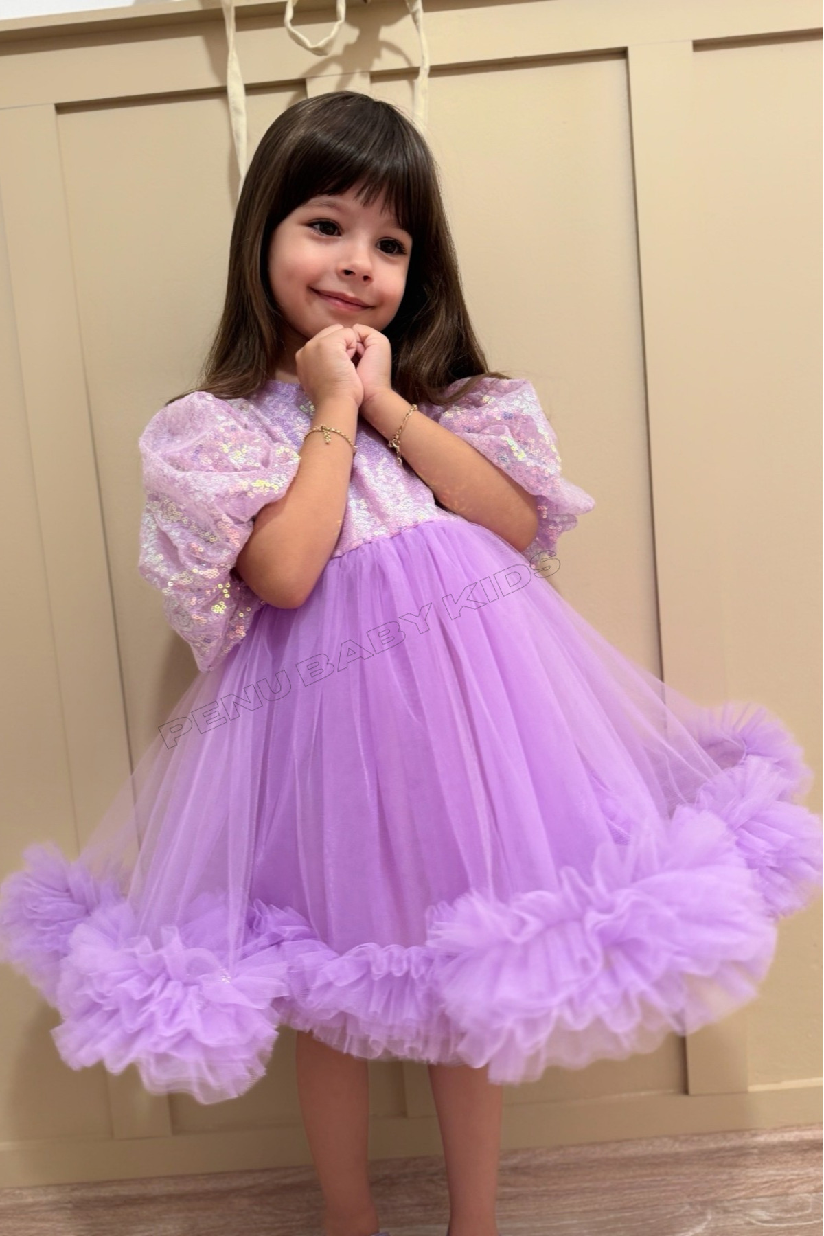 penu baby kids Lila Payet Detaylı Etek Ucu Fırfırlı Kız Çocuk Kız Bebek Abiye Elbise fotoğrafı 2 (önizleme)