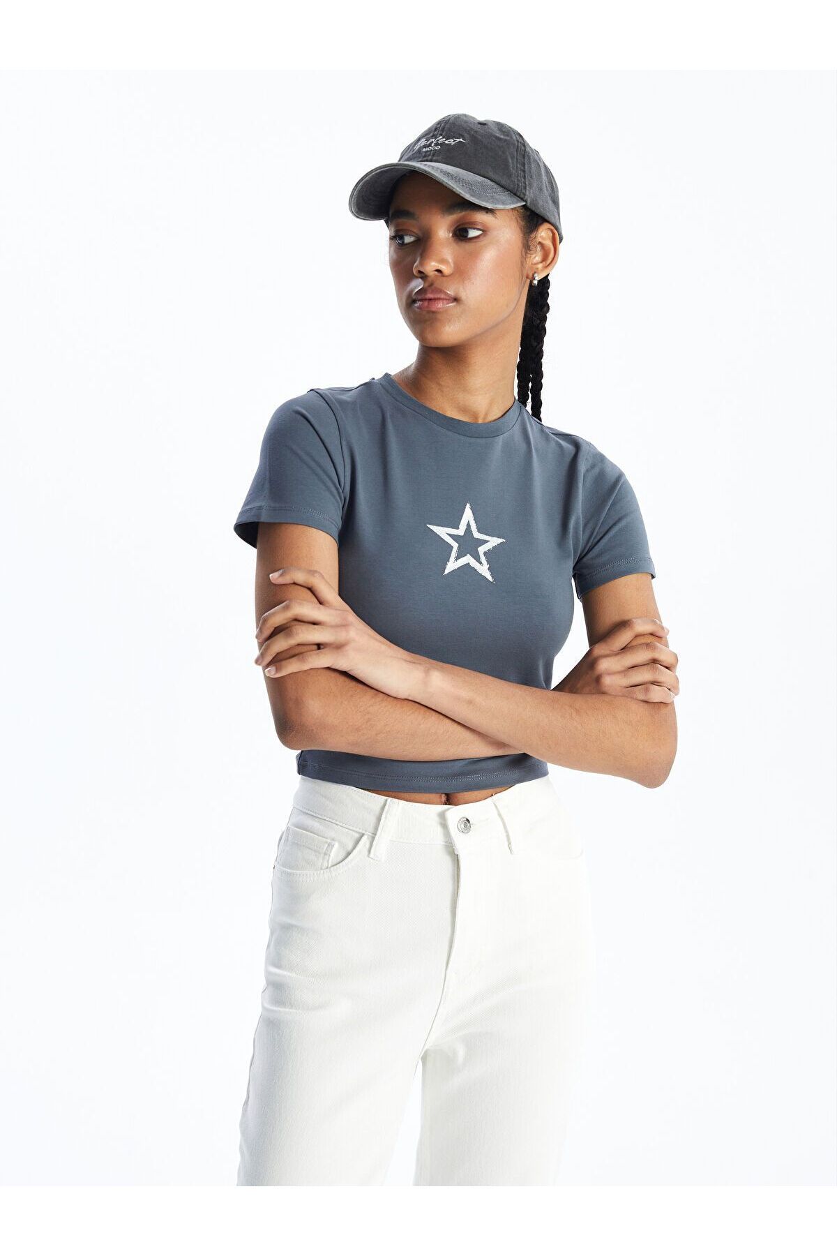 LC Waikiki Bisiklet Yaka Baskılı Kadın Crop
