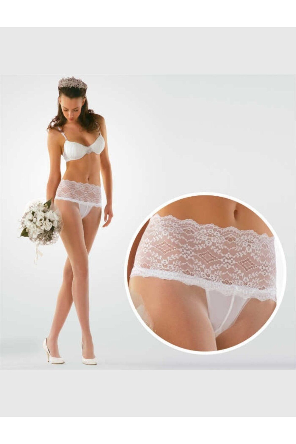 İntive Lingerie Bride Vanilya Renk Gelinlik Altı Beli 15 Den Yüksek Dantelli Silikonlu Külodu Şeffaf Külotlu Çorap