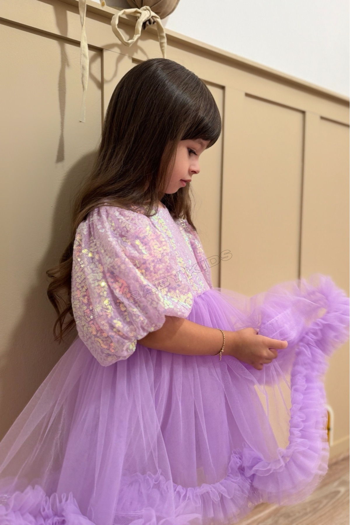 penu baby kids Lila Payet Detaylı Etek Ucu Fırfırlı Kız Çocuk Kız Bebek Abiye Elbise fotoğrafı 7 (önizleme)