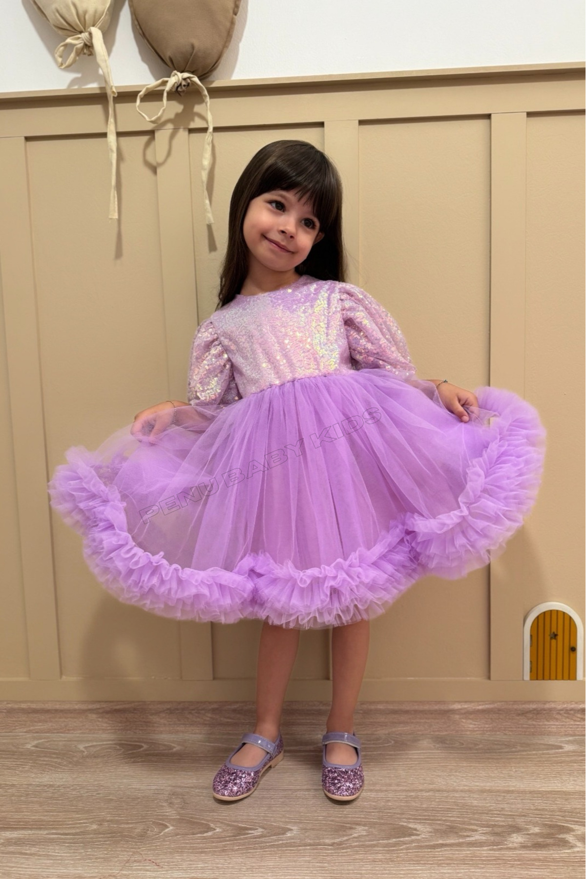 penu baby kids Lila Payet Detaylı Etek Ucu Fırfırlı Kız Çocuk Kız Bebek Abiye Elbise fotoğrafı 4 (önizleme)