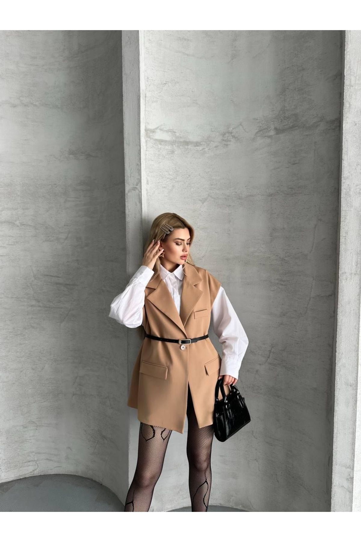 Ekim Store Kemerli Oversize Blazer Yelek Ceket