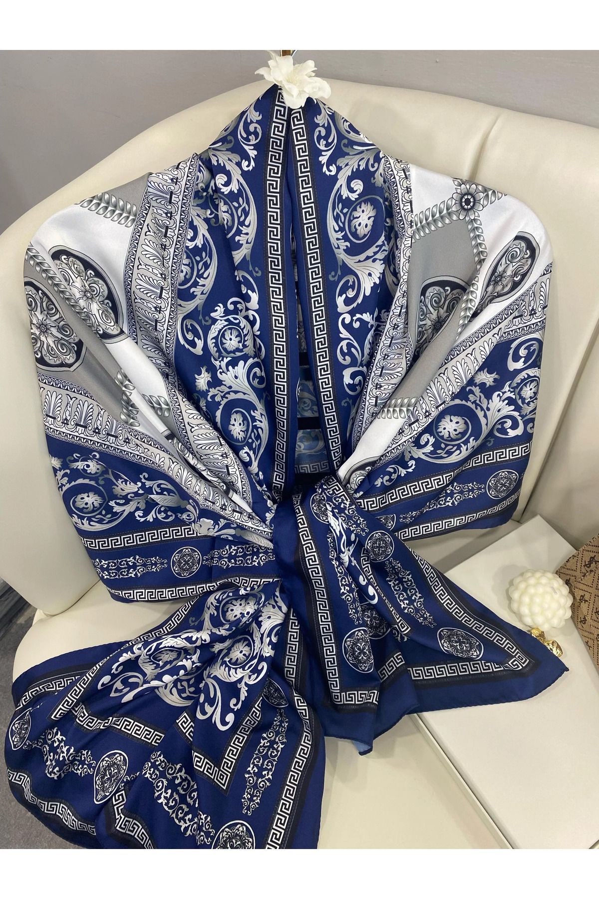 Organic Scarfs İTHAL VUAL İPEK ŞAL - LACİVERT-GRİ
