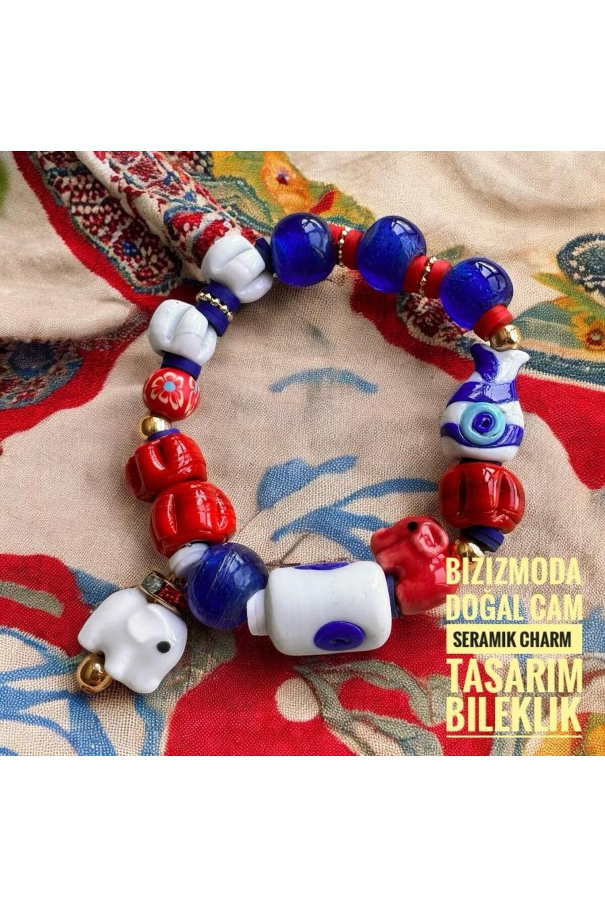 bizizmoda El yapımı Tasarım Charm Fil Nazar Bodrum Cam Boncuk Bileklik
