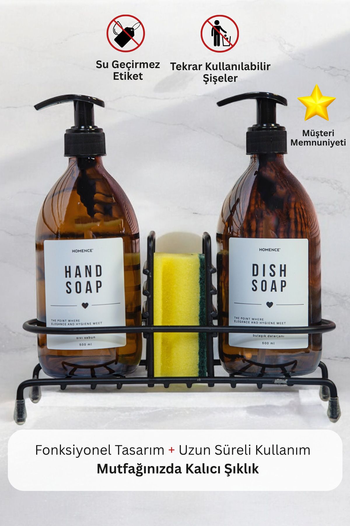 homence Tel Standlı Sıvı Sabun Bulaşık Sabunu Deterjanı Etiketli Amber Cam Sabunluk - 500 ml