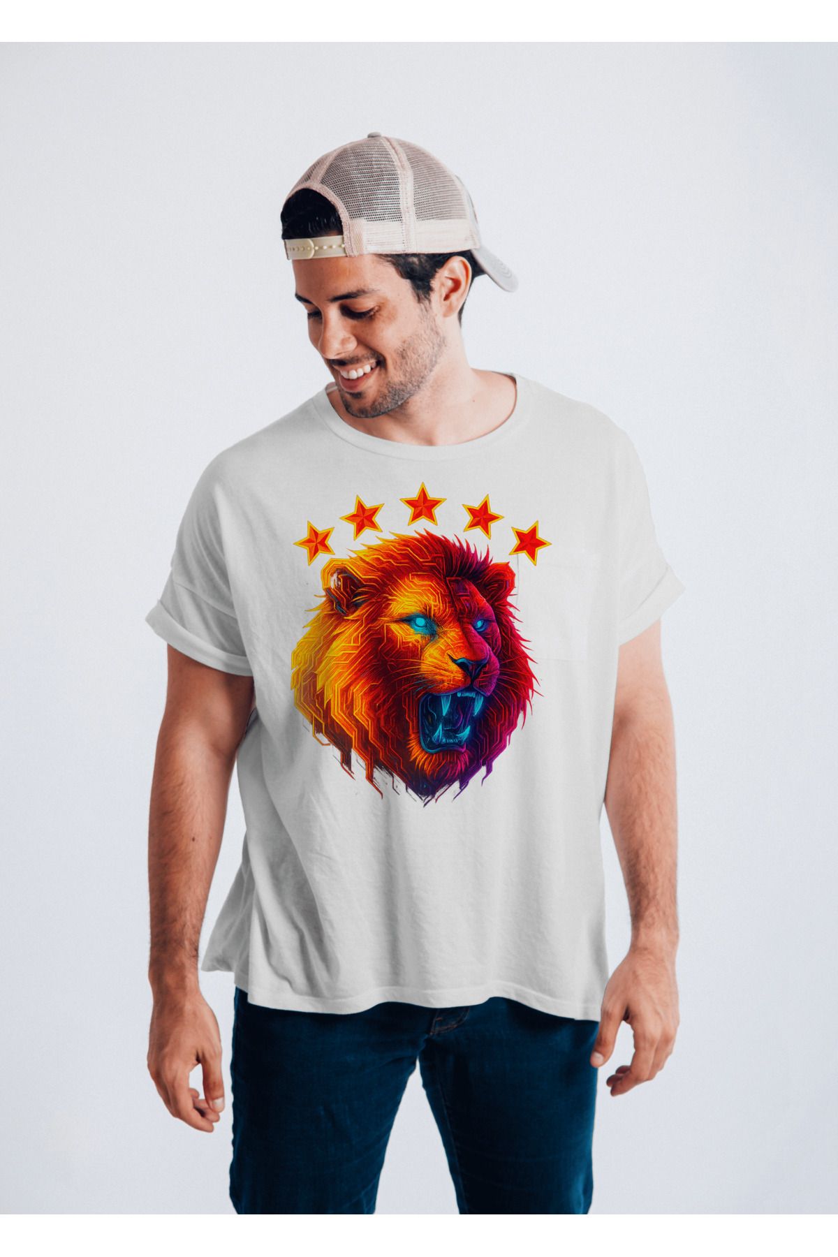BBbutik Gal.at.a.sar.ay 5 Yıldız ve Aslan Detaylı Baskılı Oversize Tshirt