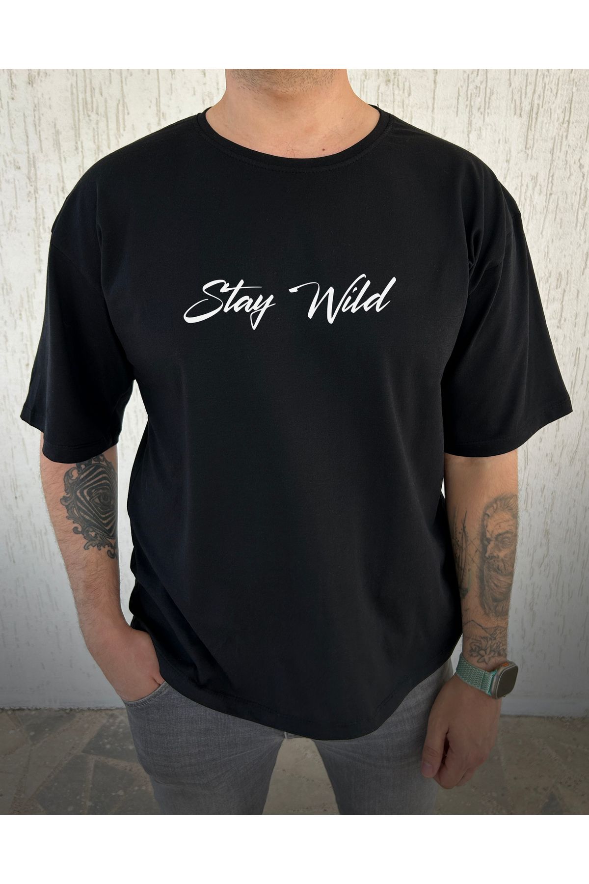 ClubSpaceAstro Stay Wild Baskılı %100 Pamuk Oversize Erkek Tişört – Özgür Ruhlar İçin, Salaş Kesim