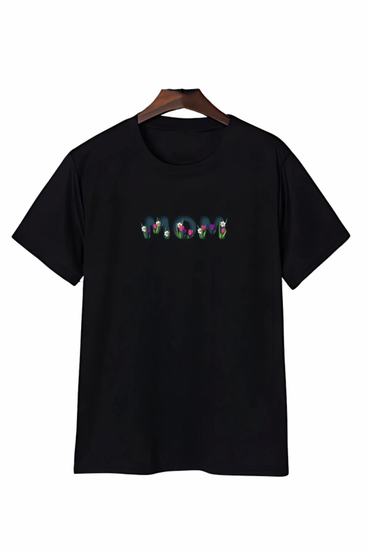 Gökyüzü Moda Anneler Gününe Özel Tasarım Mom Çiçek Baskılı T-shirt - Siyah