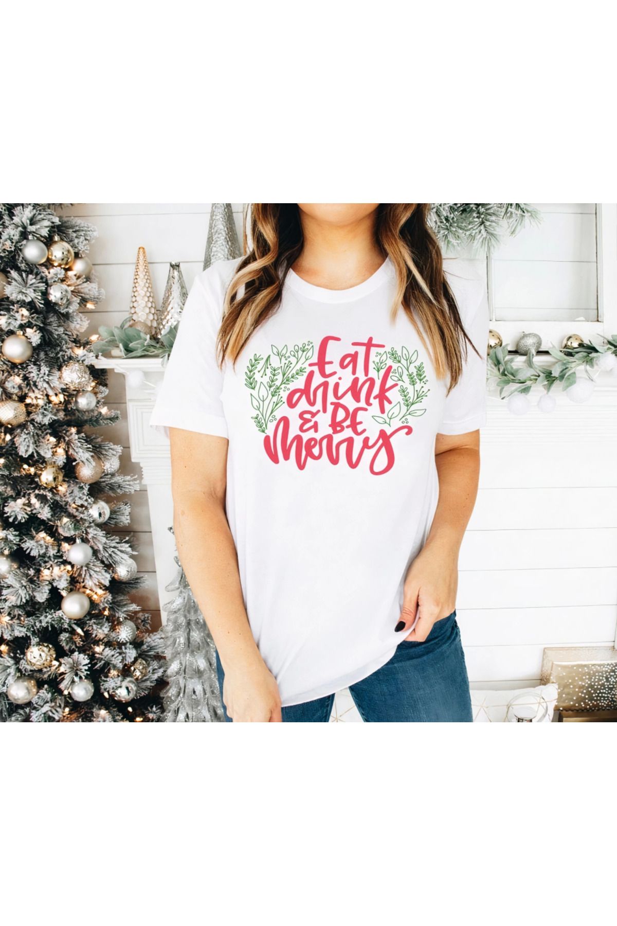 Gökyüzü Moda Noel İçin Özel Tasarım T-shirt - Beyaz