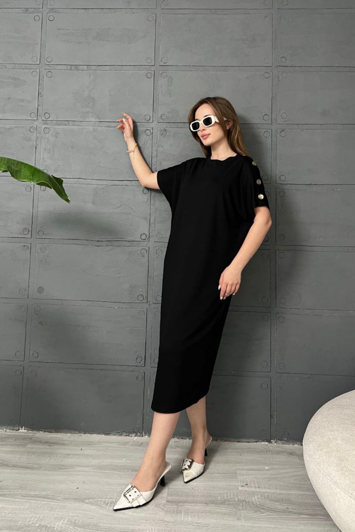 Sorridi Kolları Düğme Detaylı Salaş Maxi Elbise