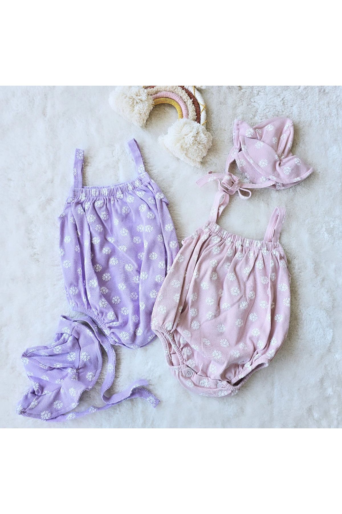 BEBEYOGİ bebek tulum romper papatya baskılı şapkalı 3-12 ay