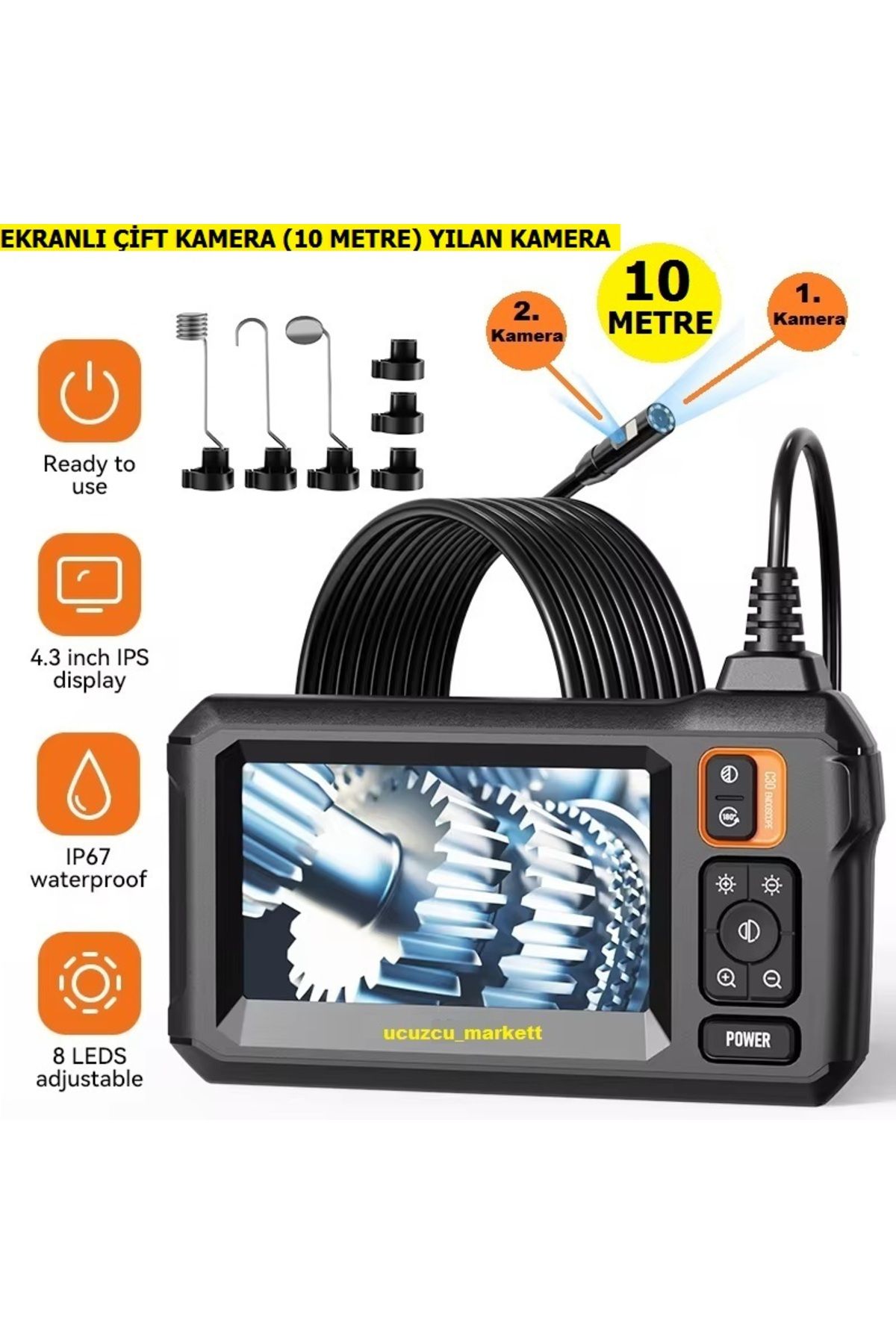 Kalite 10 Metre 4.3 Inç Çift Kamera Ekranlı Yılan Kamera (Ayarlanabilir Parlak 8 Led)