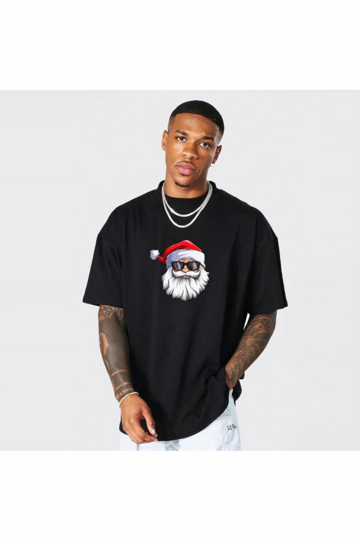 Gökyüzü Moda Gözlüklü Noel Baba T-shirt - Siyah