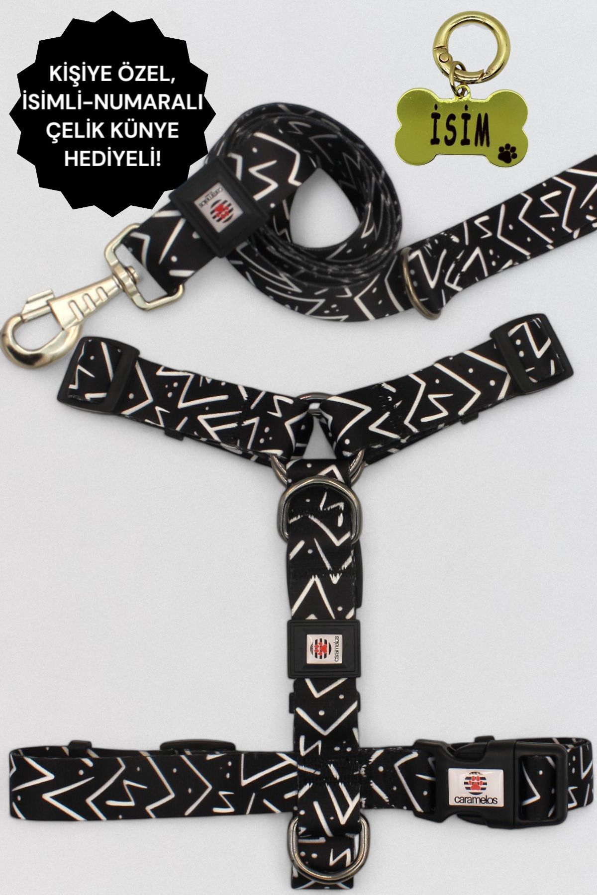CARAMELOS KÖPEK TASMA SETİ KİŞİYE ÖZEL İSİMLİ TASMA, H TİPİ TASMA ,GÖVDE+GEZDİRME TASMASI, KÖPEK KÜNYE