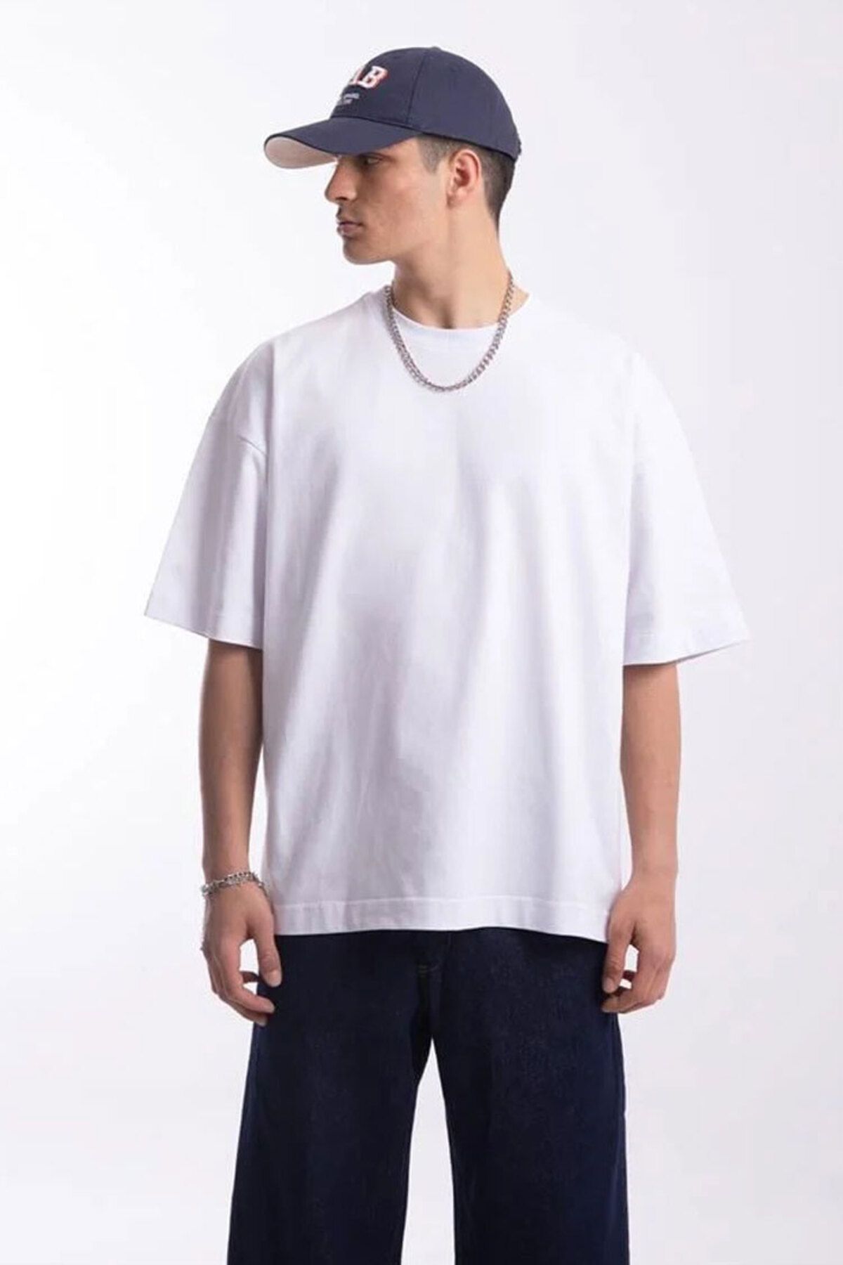 MEYASU Unisex Beyaz Oversize Bisiklet Yaka T-Shirt